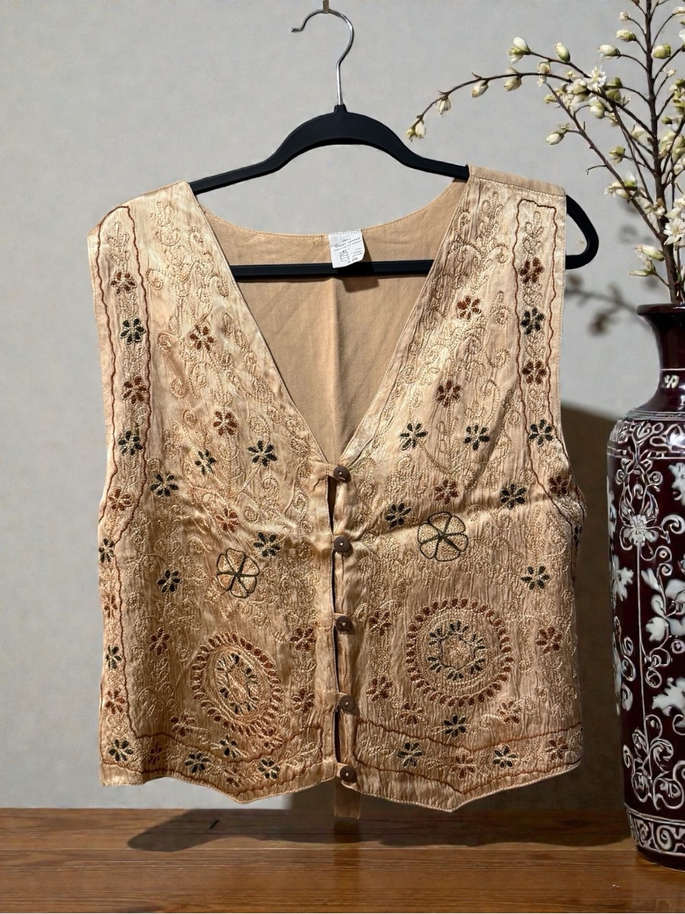 Vintage Shimmery Gold Embroidered Floral & Vine Vest